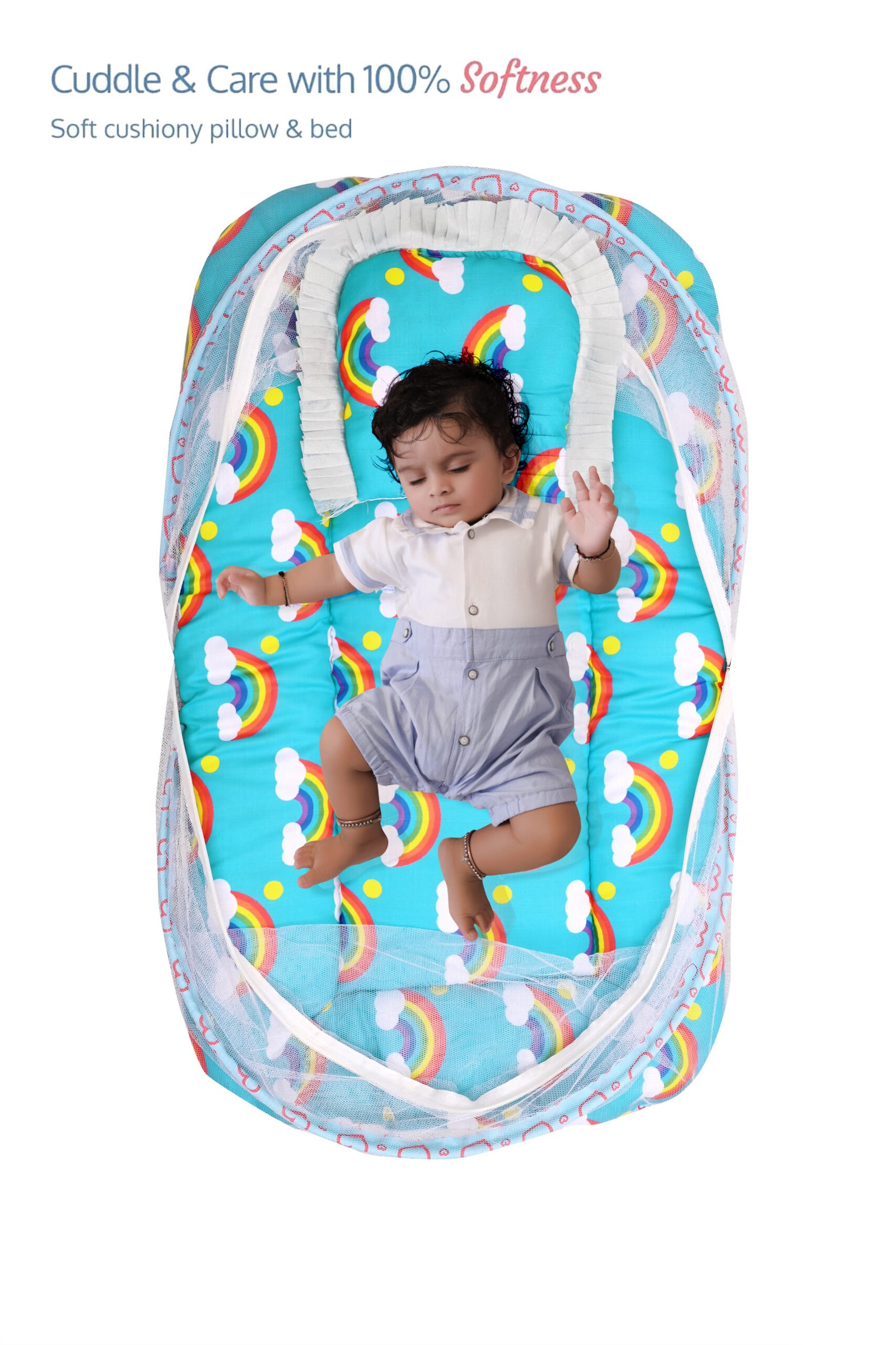 GODADI WALA Present Print Cotton Bedding Set Thick Base Foldable with Mosquito Net and Head Pillow - Zip Closure (Blue Rainbo)