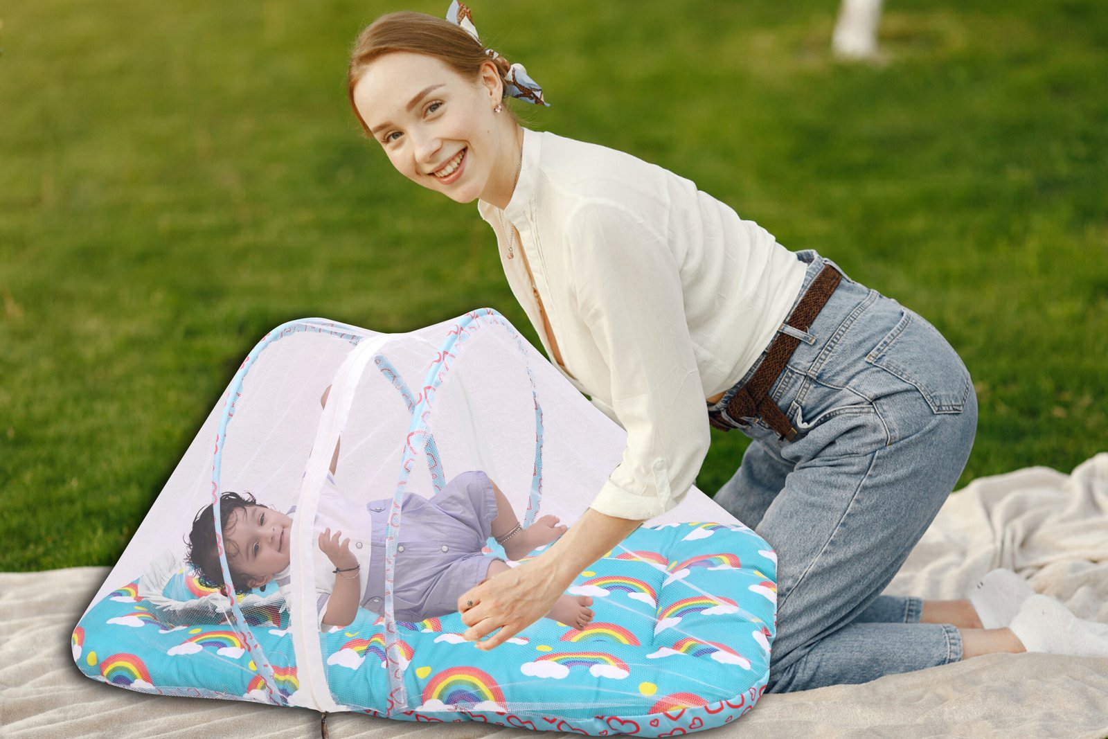 GODADI WALA Present Print Cotton Bedding Set Thick Base Foldable with Mosquito Net and Head Pillow - Zip Closure (Blue Rainbo) - Image 2