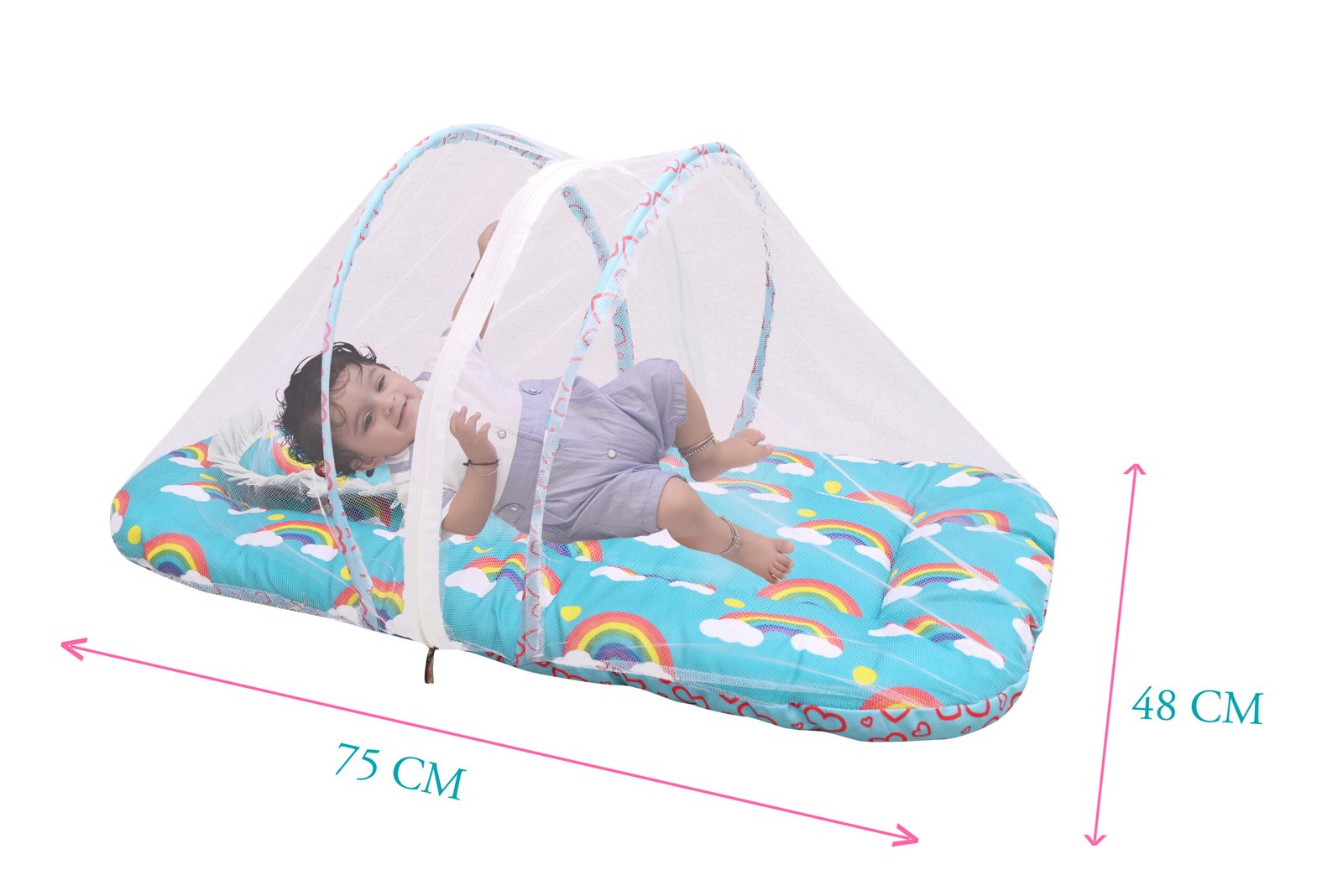 GODADI WALA Present Print Cotton Bedding Set Thick Base Foldable with Mosquito Net and Head Pillow - Zip Closure (Blue Rainbo) - Image 3