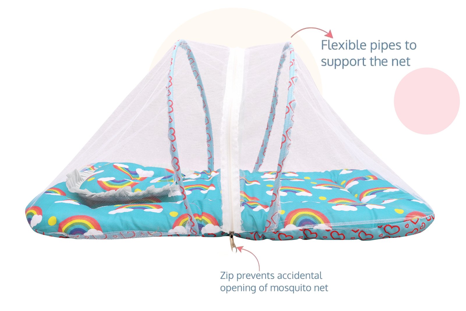 GODADI WALA Present Print Cotton Bedding Set Thick Base Foldable with Mosquito Net and Head Pillow - Zip Closure (Blue Rainbo) - Image 4