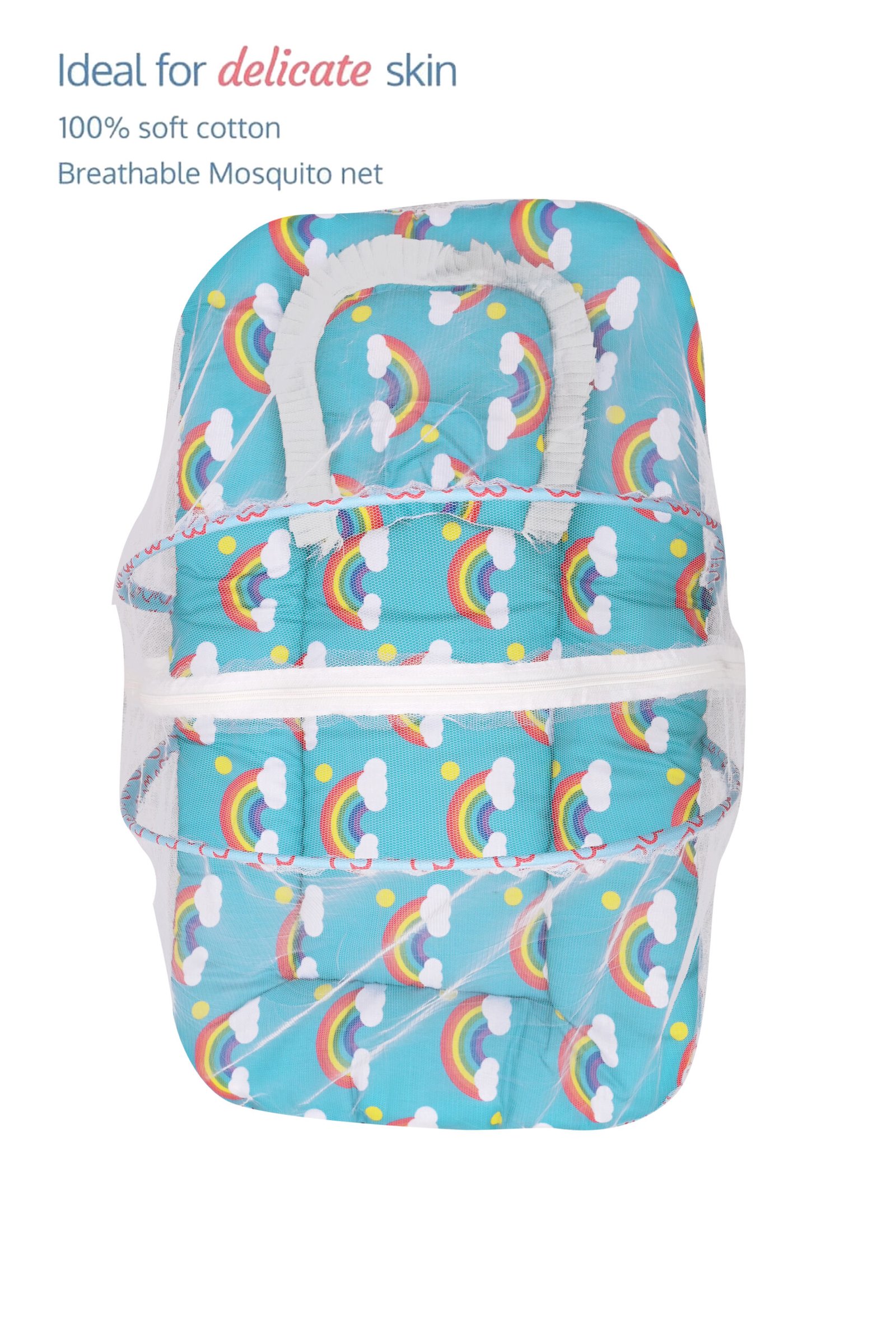 GODADI WALA Present Print Cotton Bedding Set Thick Base Foldable with Mosquito Net and Head Pillow - Zip Closure (Blue Rainbo) - Image 5