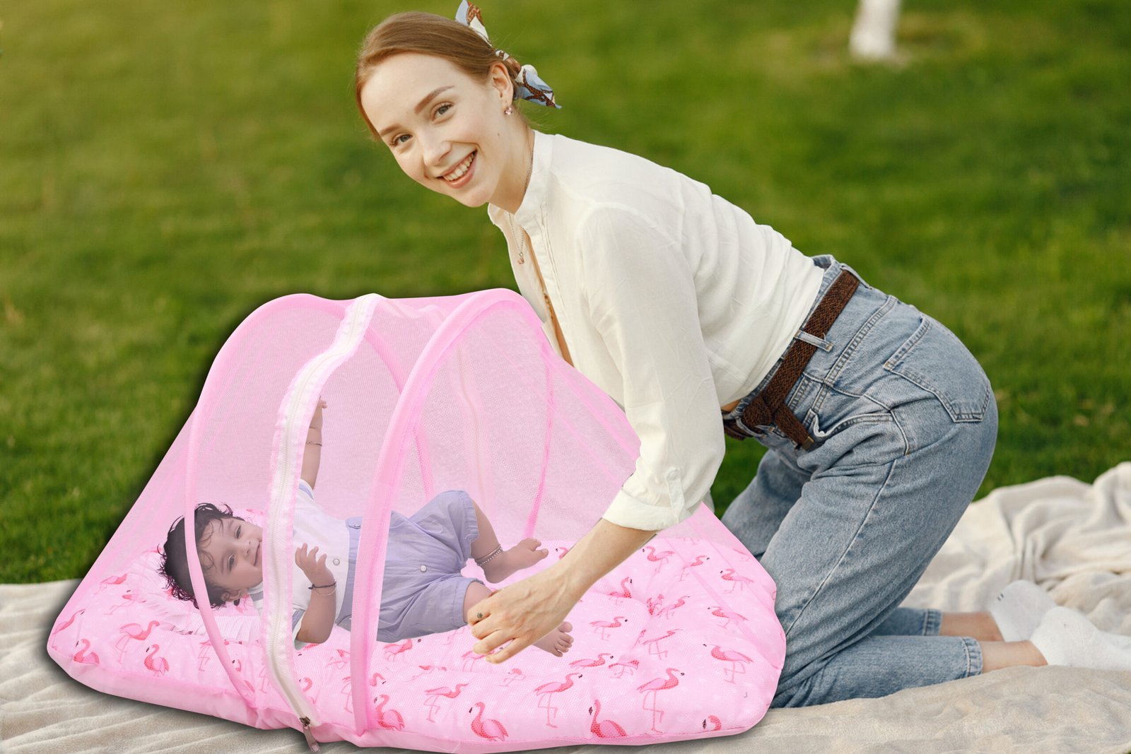 GODADI WALA Present Print Cotton Bedding Set Thick Base Foldable with Mosquito Net and Head Pillow - Zip Closure (pink duck) - Image 2