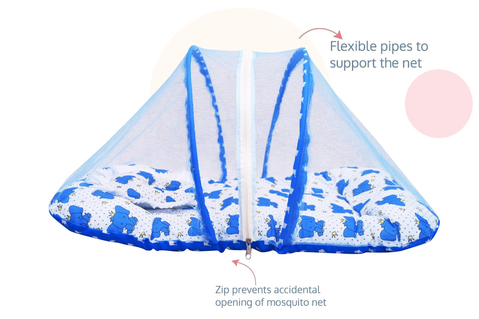 GODADI WALA Present Print Cotton Bedding Set Thick Base Foldable with Mosquito Net and Head Pillow - Zip Closure (Blue Elephant) - Image 3