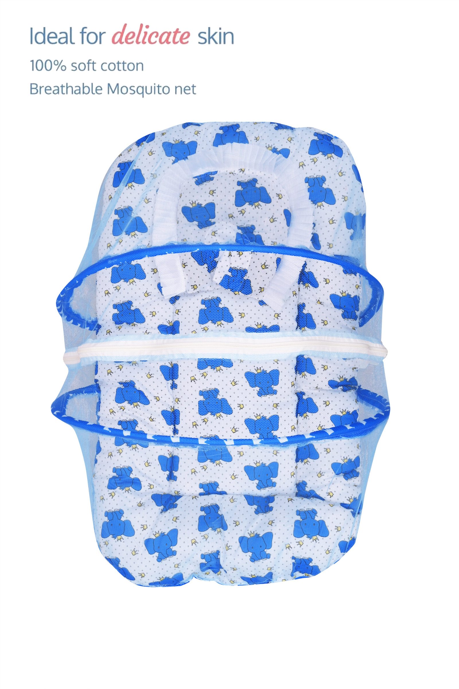 GODADI WALA Present Print Cotton Bedding Set Thick Base Foldable with Mosquito Net and Head Pillow - Zip Closure (Blue Elephant) - Image 4