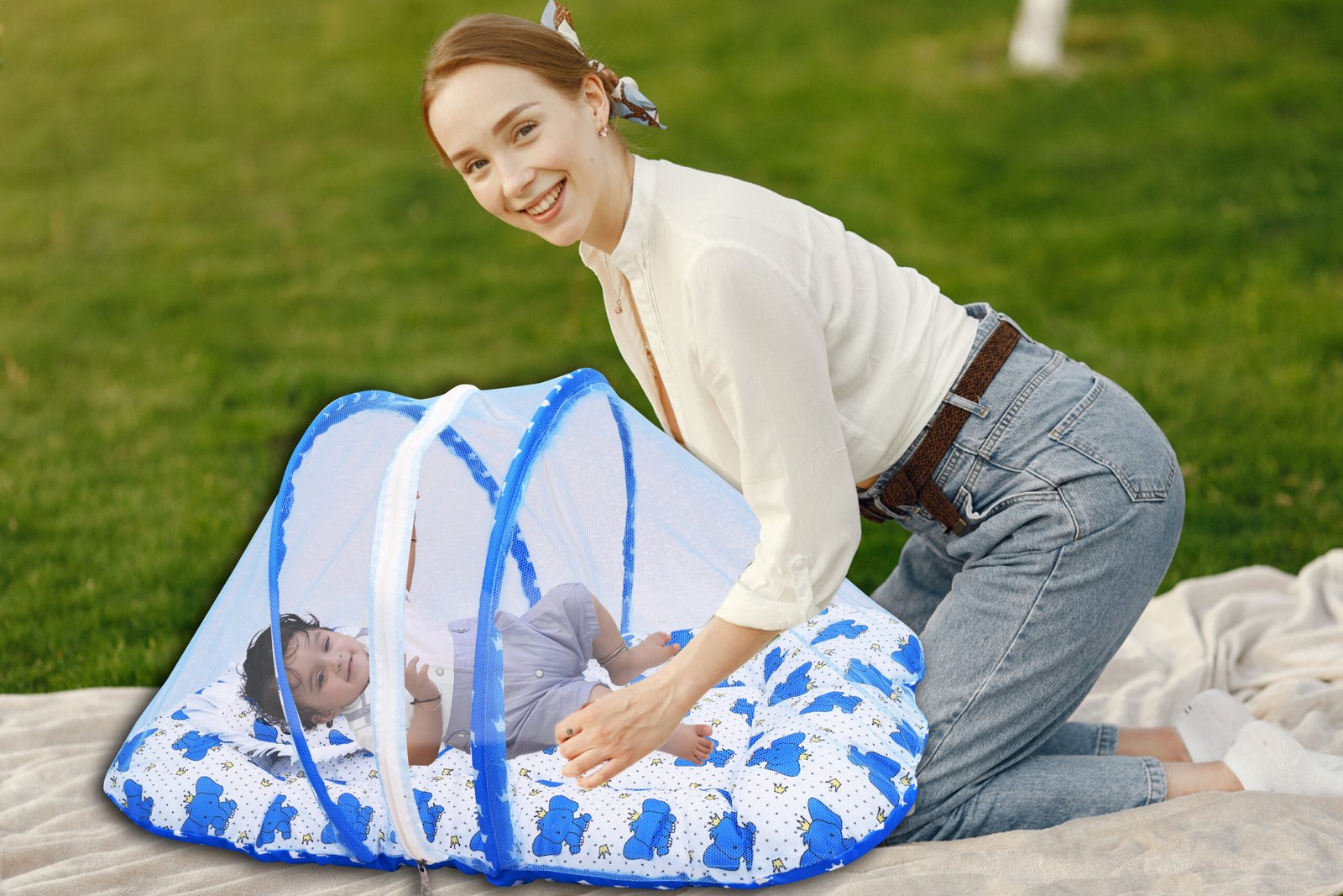 GODADI WALA Present Print Cotton Bedding Set Thick Base Foldable with Mosquito Net and Head Pillow - Zip Closure (Blue Elephant) - Image 6