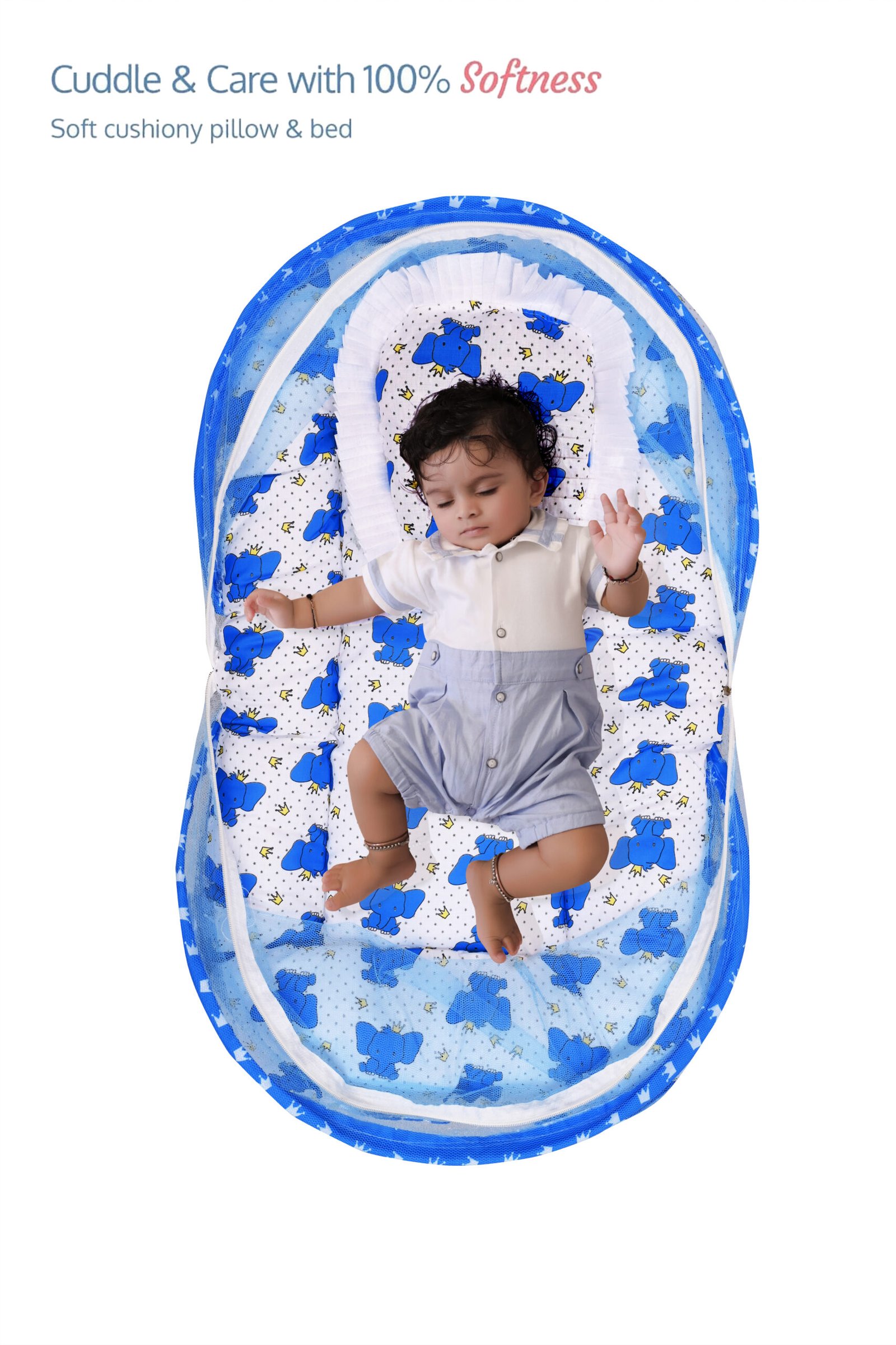 GODADI WALA Present Print Cotton Bedding Set Thick Base Foldable with Mosquito Net and Head Pillow - Zip Closure (Blue Elephant)