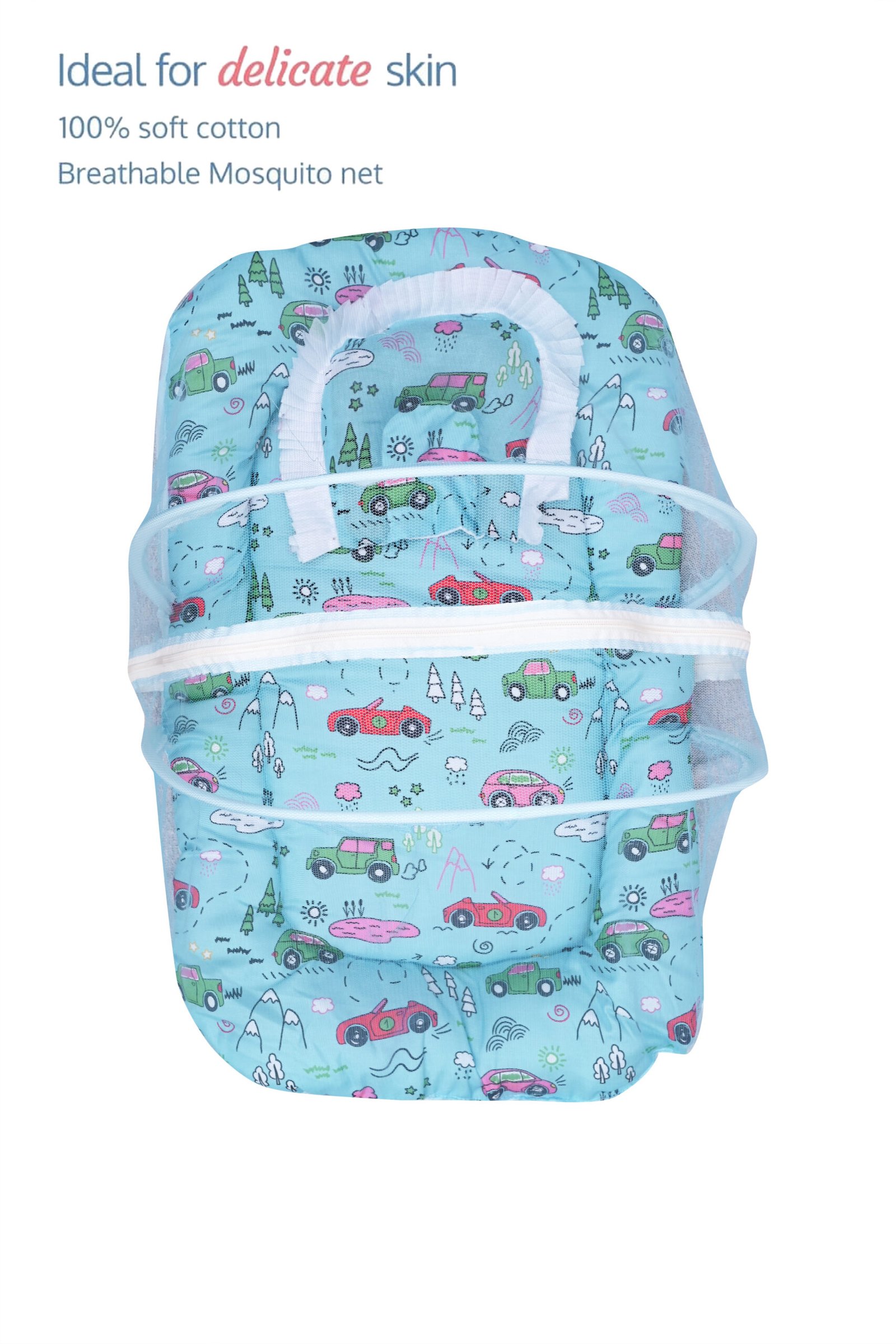 GODADI WALA Present Print Cotton Bedding Set Thick Base Foldable with Mosquito Net and Head Pillow - Zip Closure (Blue car) - Image 2