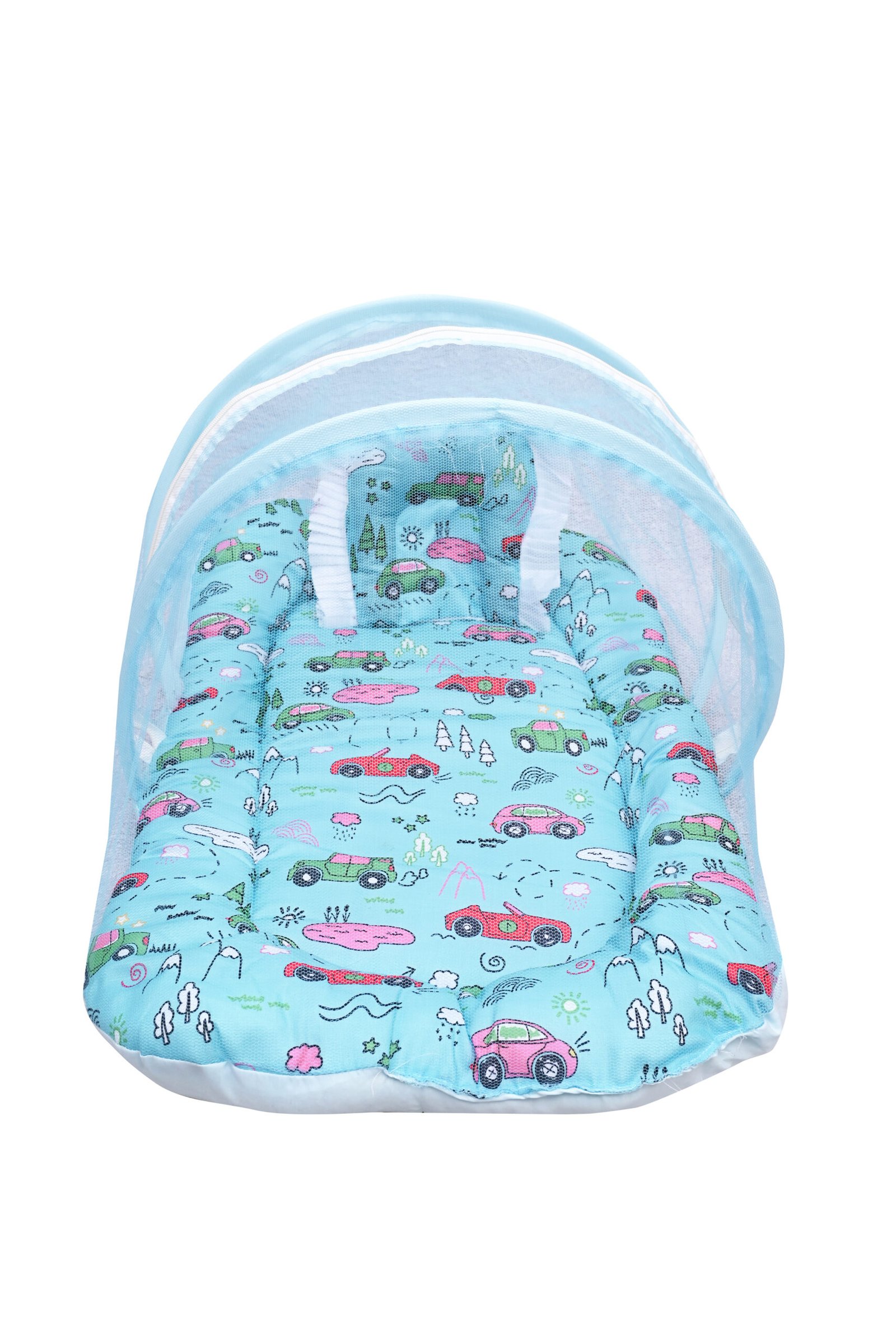 GODADI WALA Present Print Cotton Bedding Set Thick Base Foldable with Mosquito Net and Head Pillow - Zip Closure (Blue car) - Image 3