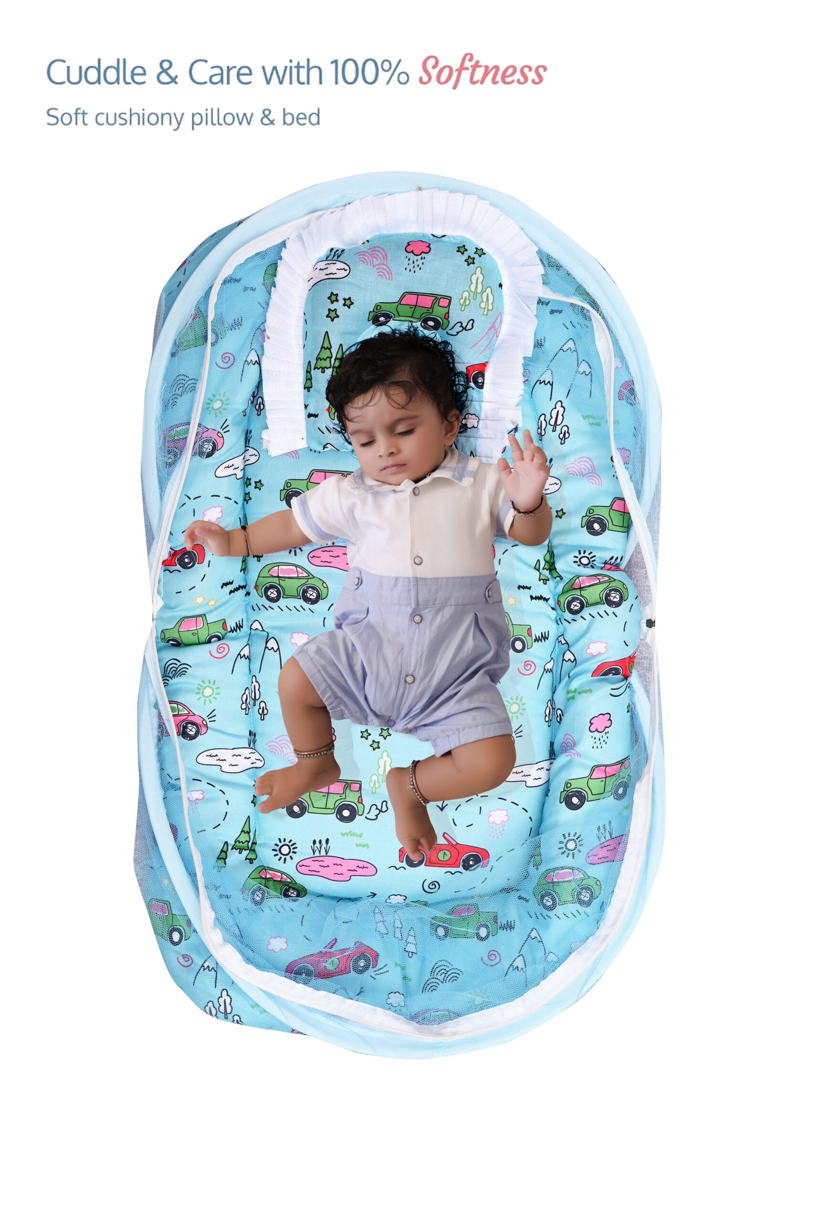 GODADI WALA Present Print Cotton Bedding Set Thick Base Foldable with Mosquito Net and Head Pillow - Zip Closure (Blue car)