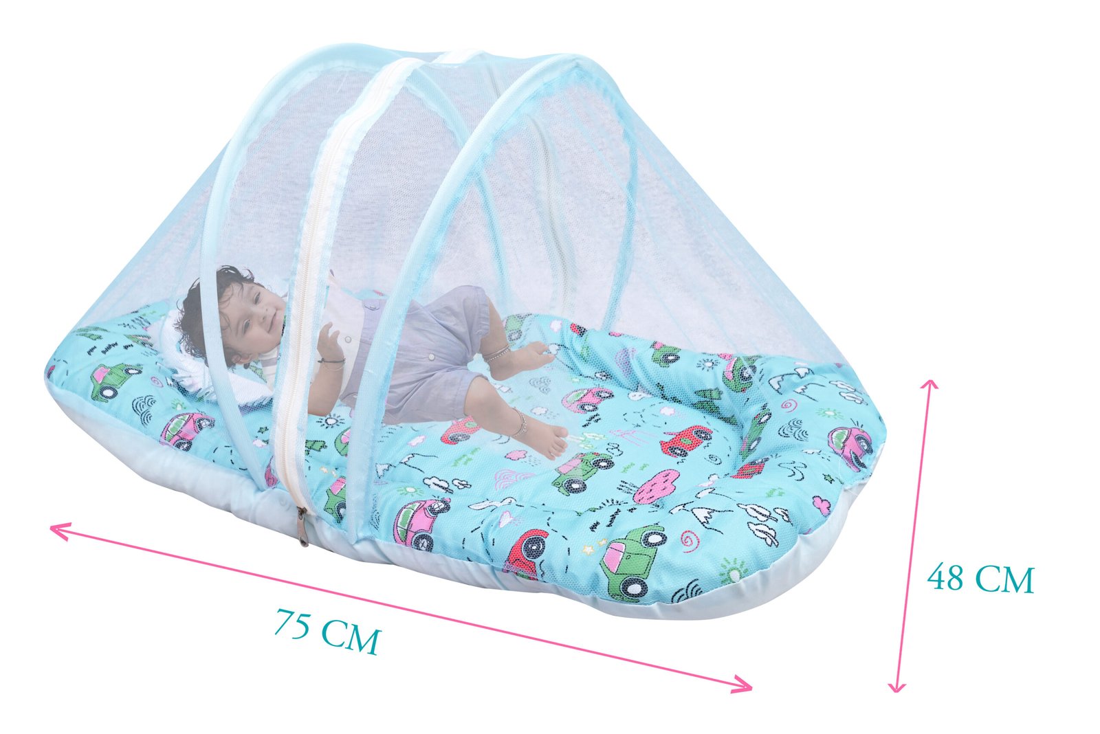 GODADI WALA Present Print Cotton Bedding Set Thick Base Foldable with Mosquito Net and Head Pillow - Zip Closure (Blue car) - Image 5