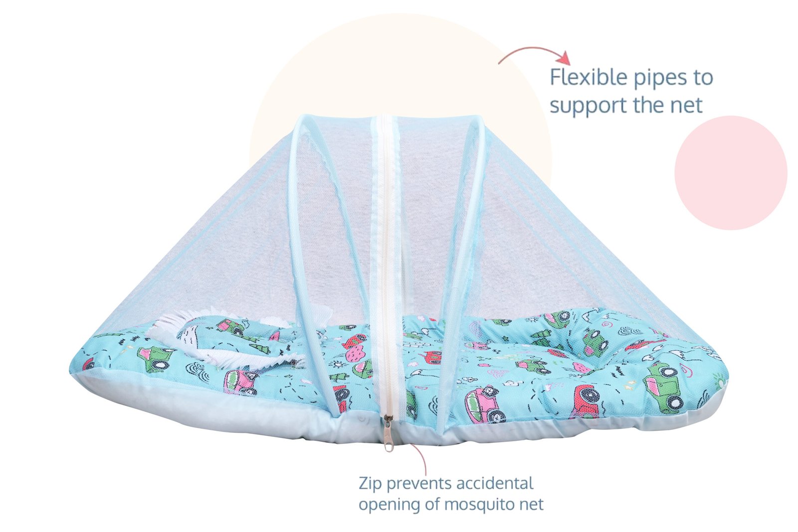 GODADI WALA Present Print Cotton Bedding Set Thick Base Foldable with Mosquito Net and Head Pillow - Zip Closure (Blue car) - Image 6