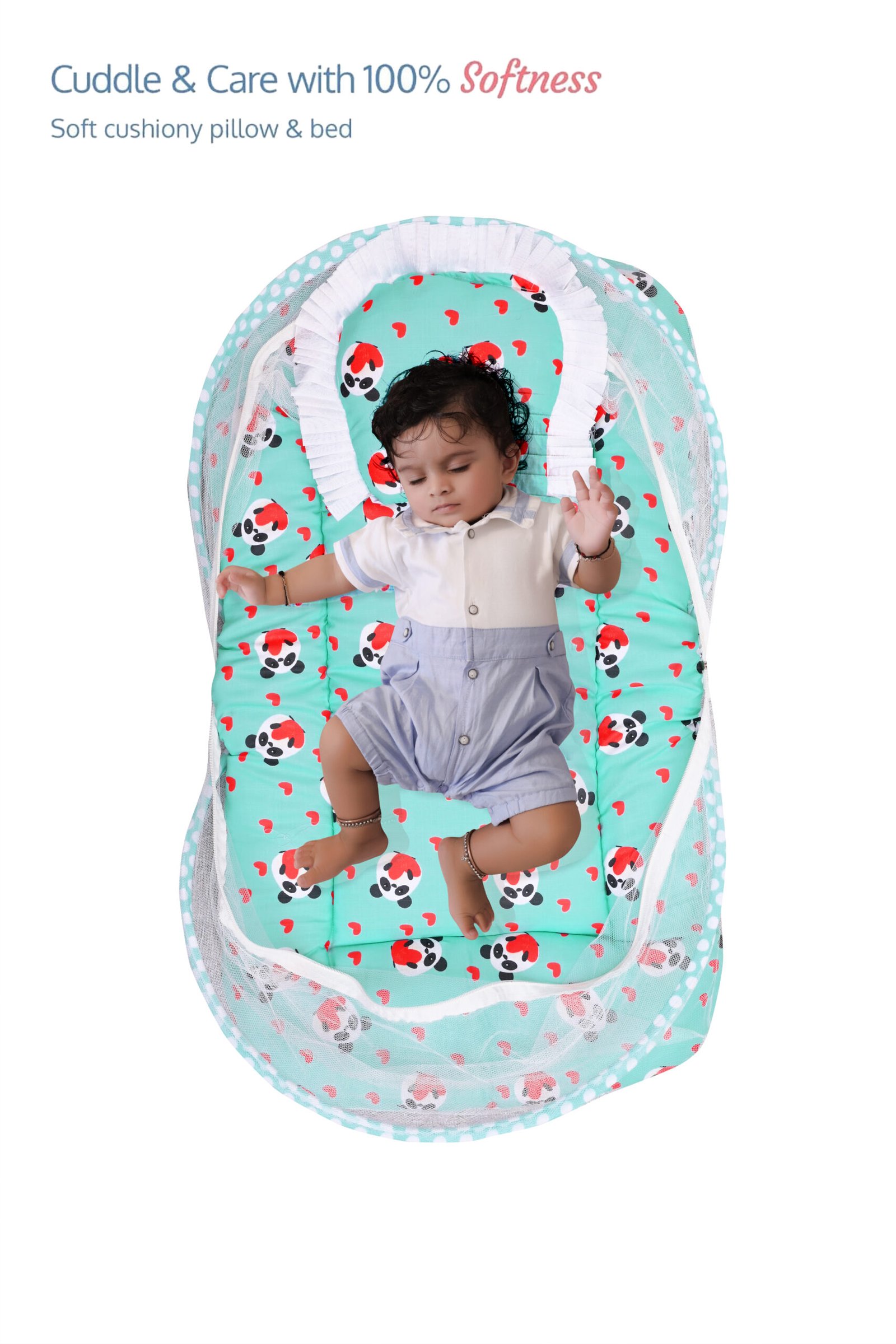 GODADI WALA Present Print Cotton Bedding Set Thick Base Foldable with Mosquito Net and Head Pillow - Zip Closure (Green Panda)