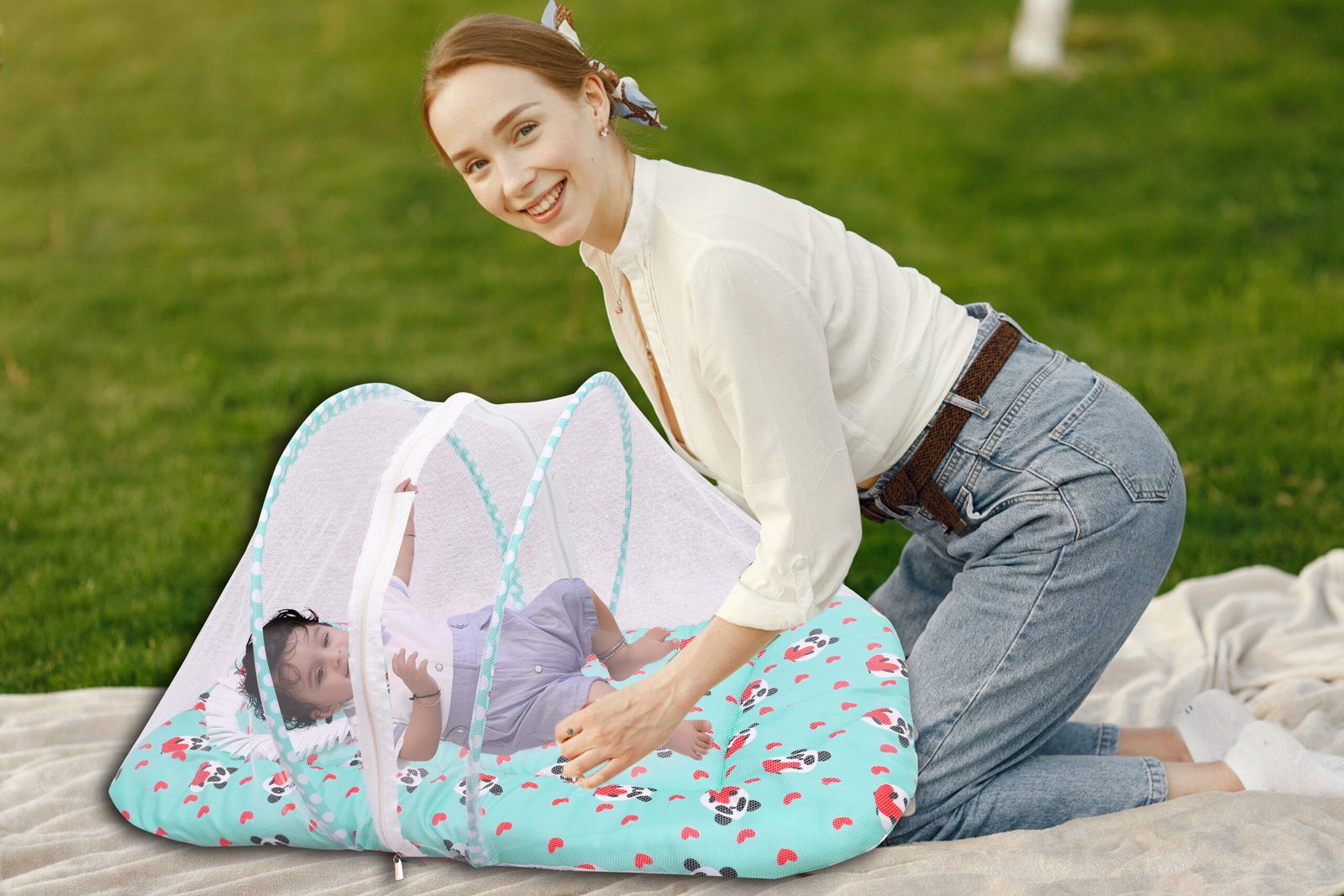 GODADI WALA Present Print Cotton Bedding Set Thick Base Foldable with Mosquito Net and Head Pillow - Zip Closure (Green Panda) - Image 2