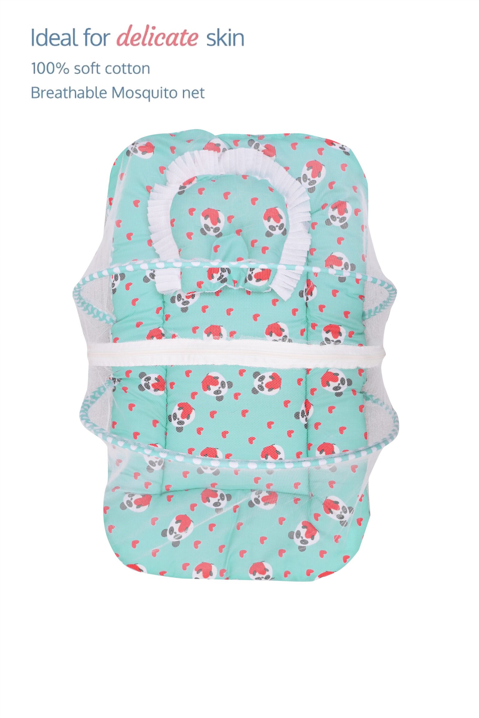 GODADI WALA Present Print Cotton Bedding Set Thick Base Foldable with Mosquito Net and Head Pillow - Zip Closure (Green Panda) - Image 5