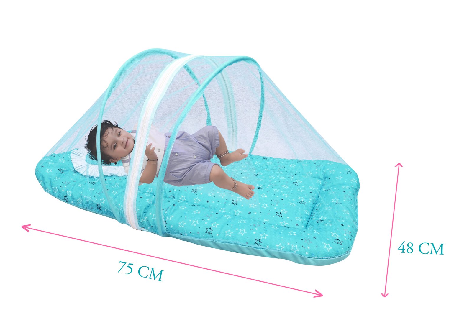 GODADI WALA Present Print Cotton Bedding Set Thick Base Foldable with Mosquito Net and Head Pillow - Zip Closure (Green Star) - Image 2