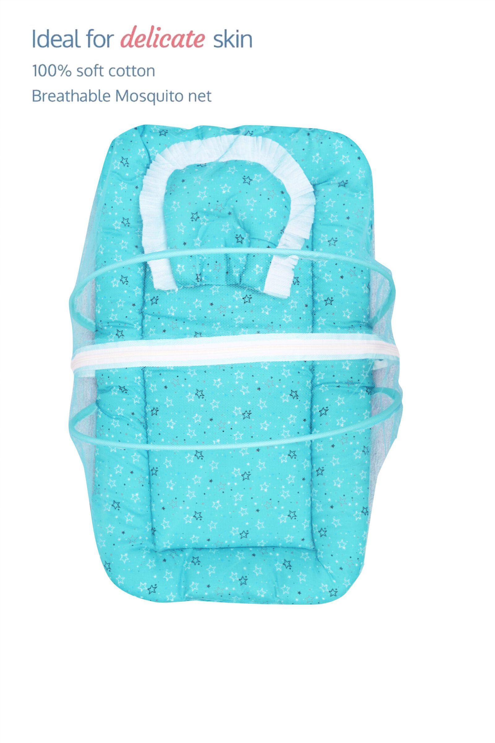 GODADI WALA Present Print Cotton Bedding Set Thick Base Foldable with Mosquito Net and Head Pillow - Zip Closure (Green Star) - Image 4