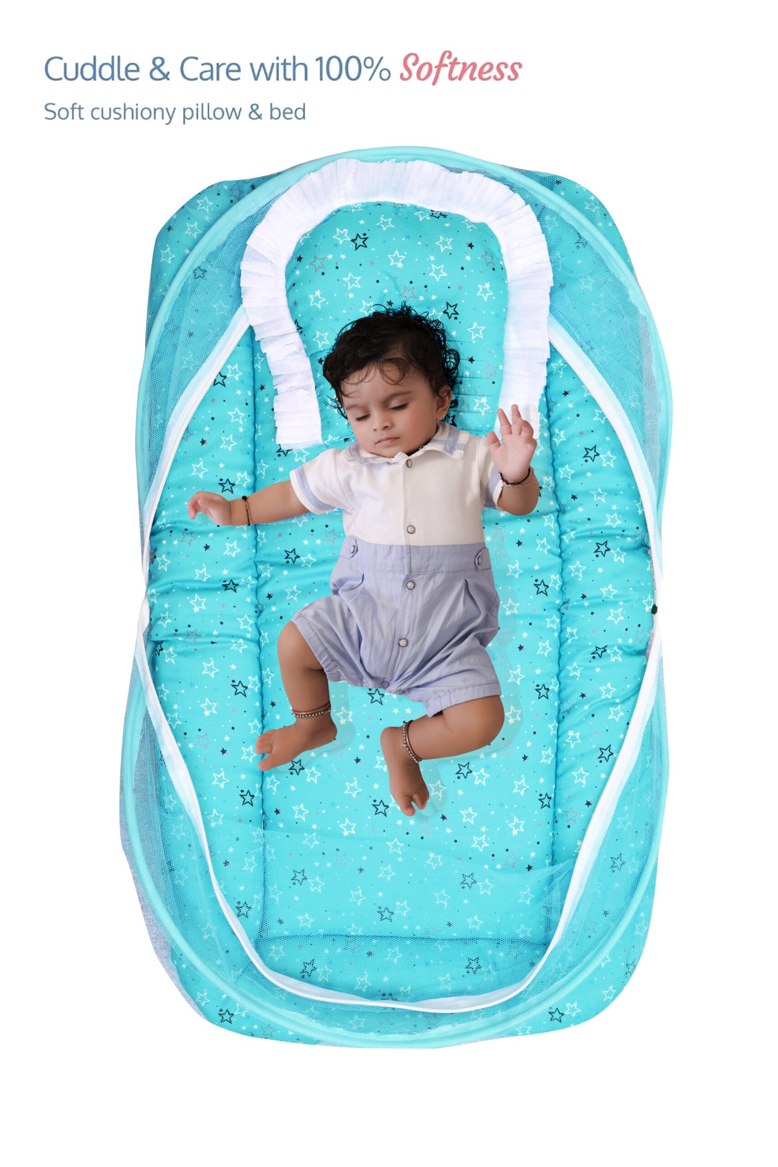 GODADI WALA Present Print Cotton Bedding Set Thick Base Foldable with Mosquito Net and Head Pillow - Zip Closure (Green Star)