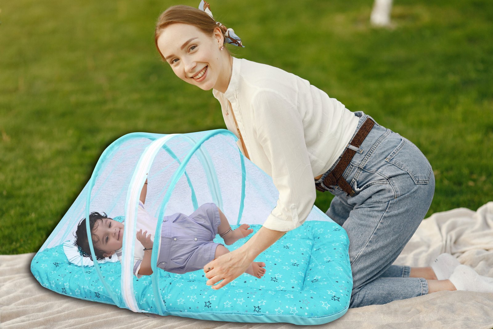 GODADI WALA Present Print Cotton Bedding Set Thick Base Foldable with Mosquito Net and Head Pillow - Zip Closure (Green Star) - Image 6