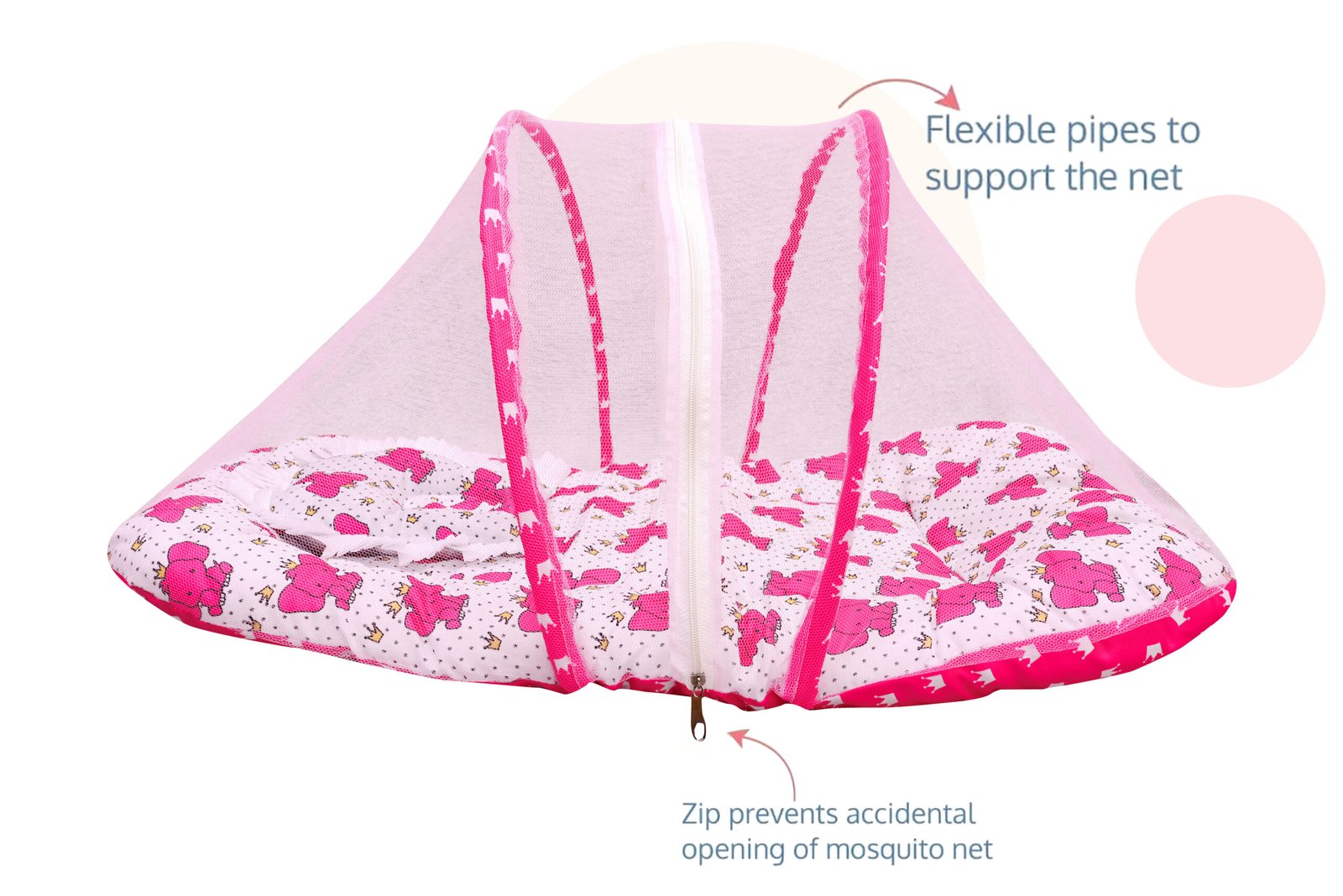 GODADI WALA Present Print Cotton Bedding Set Thick Base Foldable with Mosquito Net and Head Pillow - Zip Closure (pink elephant) (Copy) - Image 2