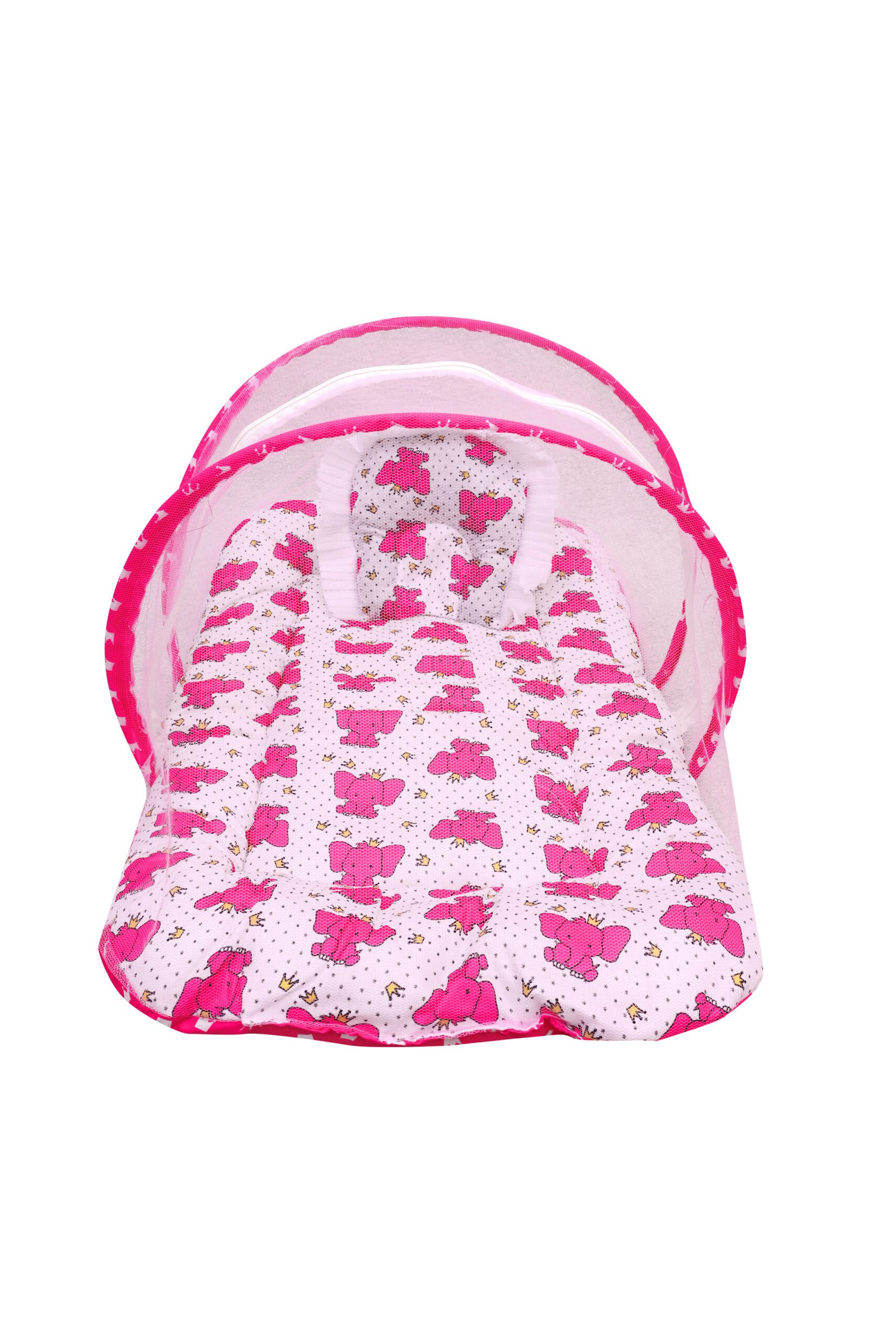 GODADI WALA Present Print Cotton Bedding Set Thick Base Foldable with Mosquito Net and Head Pillow - Zip Closure (pink elephant) (Copy) - Image 4