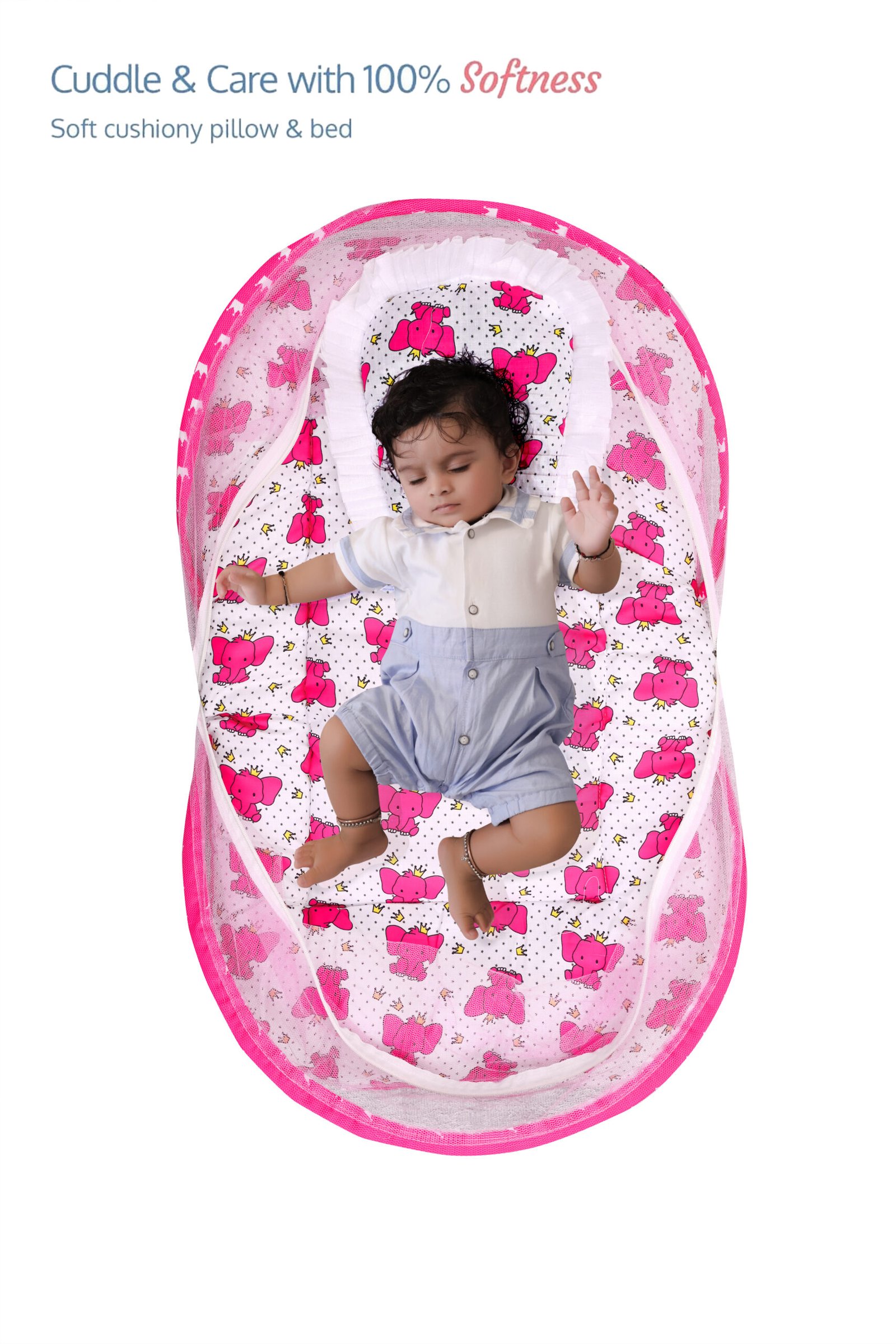 GODADI WALA Present Print Cotton Bedding Set Thick Base Foldable with Mosquito Net and Head Pillow - Zip Closure (pink elephant) (Copy)