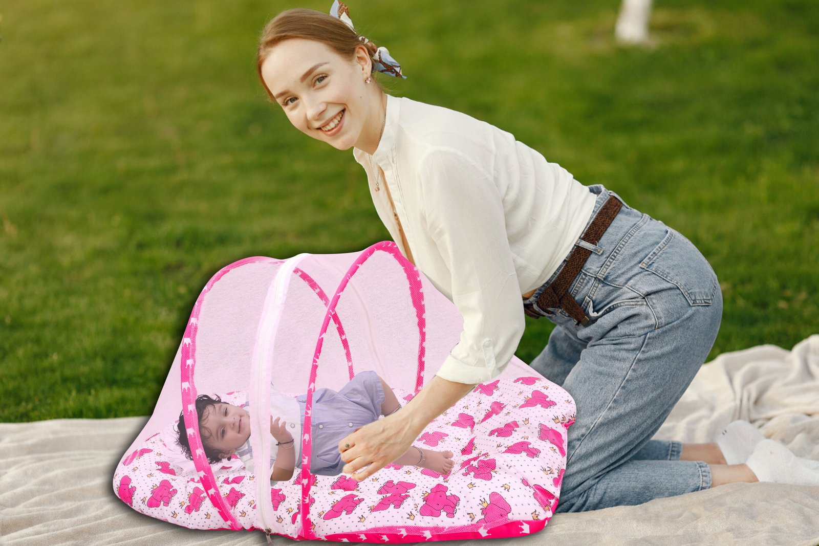 GODADI WALA Present Print Cotton Bedding Set Thick Base Foldable with Mosquito Net and Head Pillow - Zip Closure (pink elephant) (Copy) - Image 5