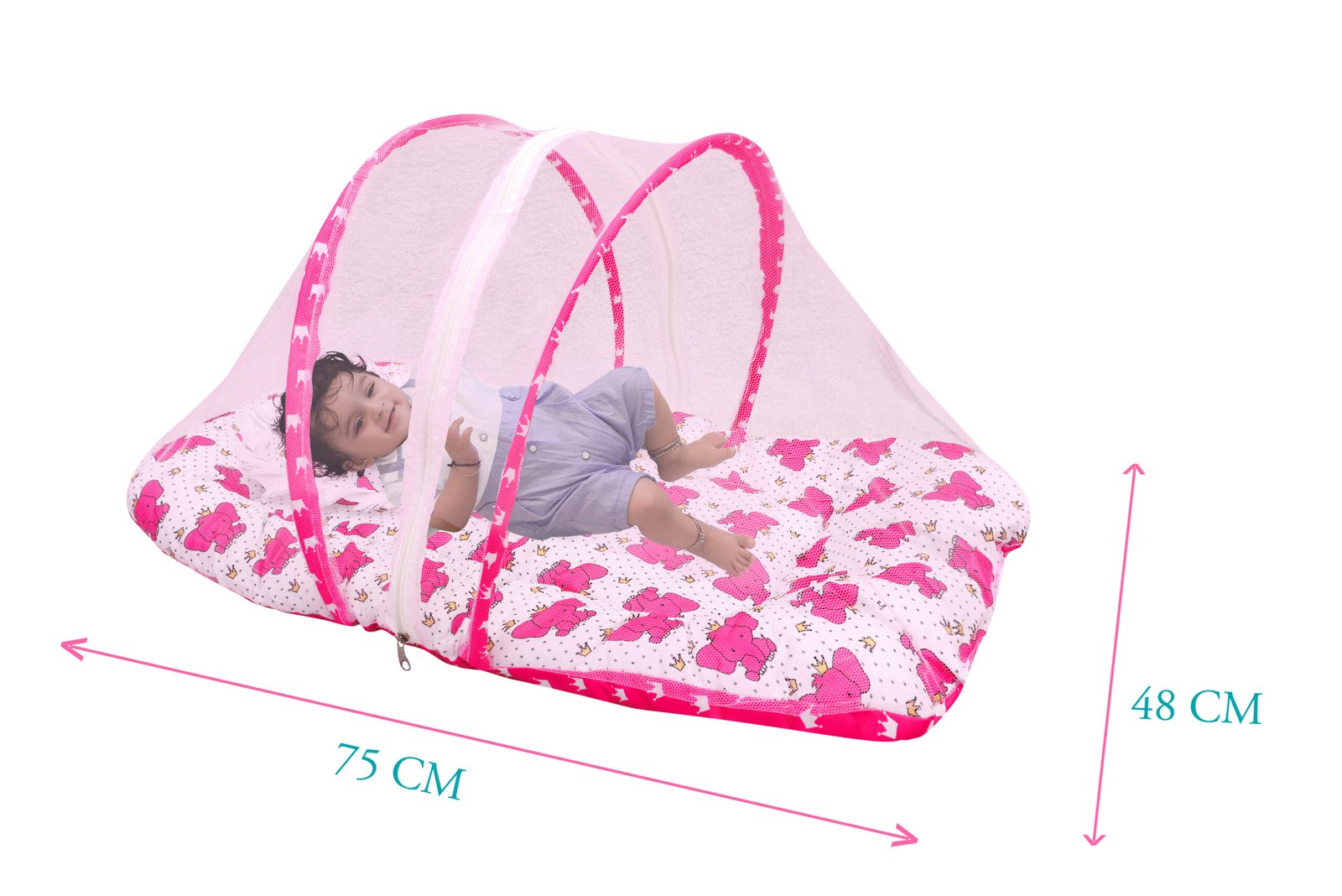 GODADI WALA Present Print Cotton Bedding Set Thick Base Foldable with Mosquito Net and Head Pillow - Zip Closure (pink elephant) (Copy) - Image 6