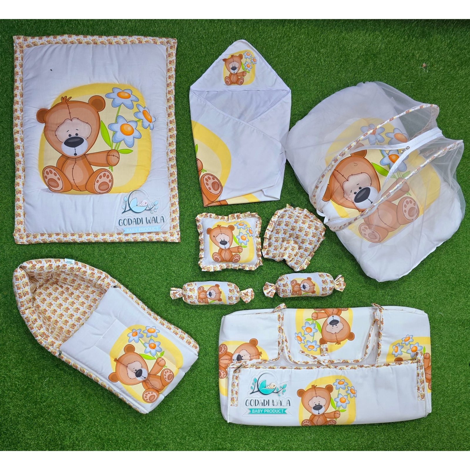 GODADIWALA COMBO OF BABY MATTRESS WITH NET | SLEEPING BAG | 9 PCS BEDDING SET(0-6 MONTHS)