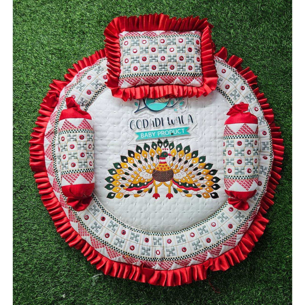 GODADI WALA baby Embroidery 4 Pcs Round Godadi Set (Morpankh) (red)