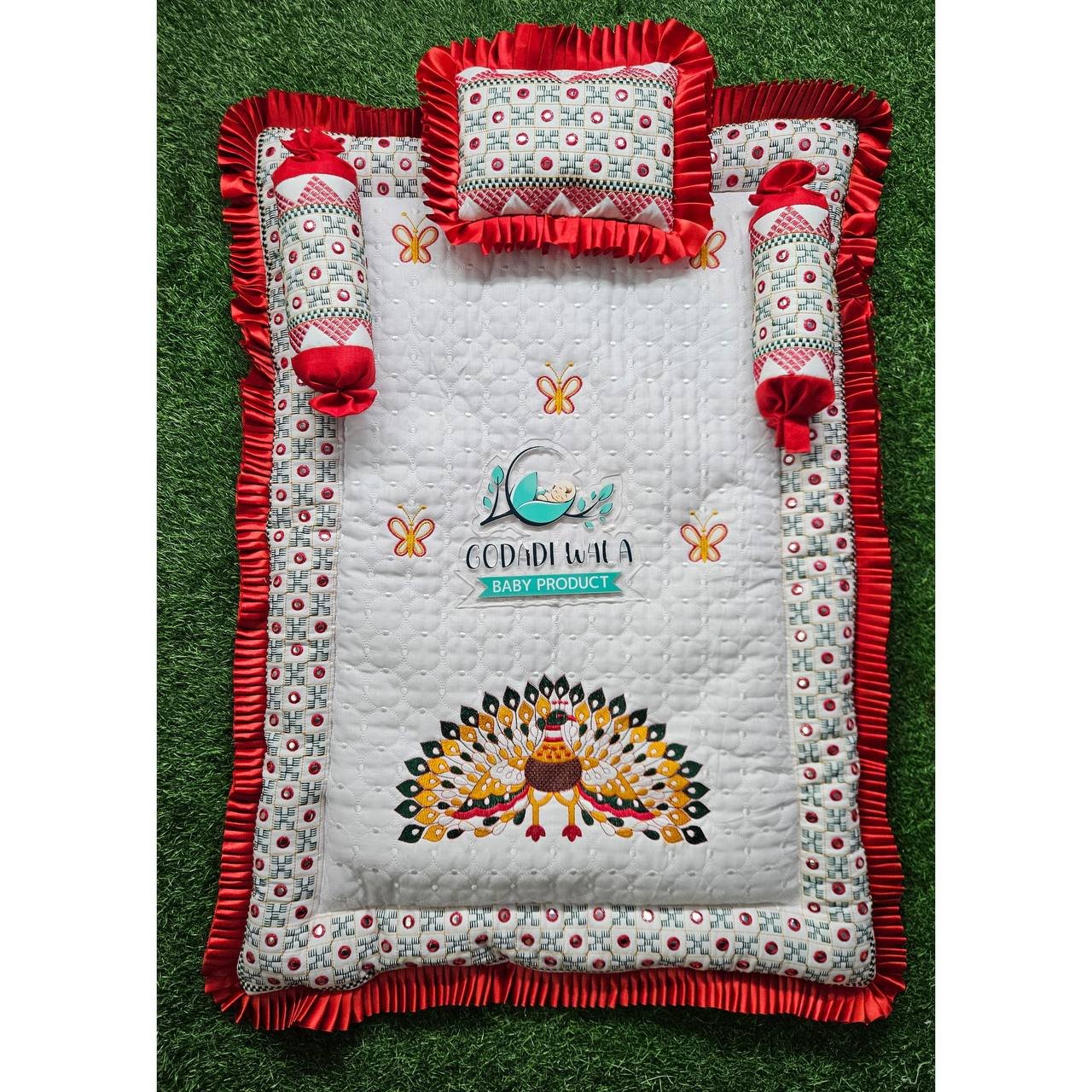 GODADI WALA baby Embroidery 4 Pcs Square Godadi Set (Morpankh) (red)